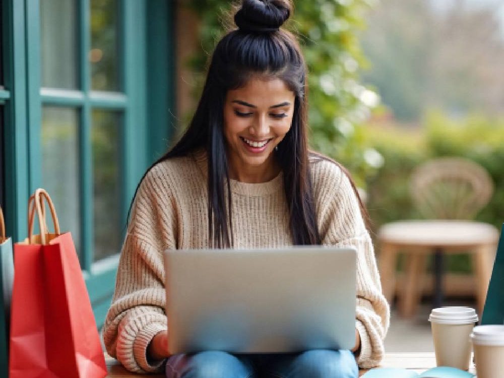 Smiling shopper using a laptop at a cafe table with shopping bags beside her
